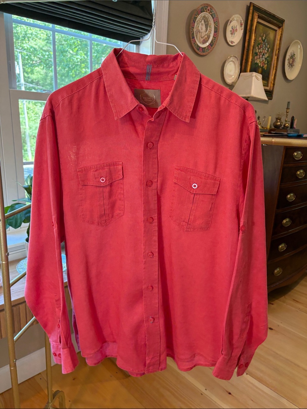 Men's Casual Red Button-Down Shirt with Chest Pockets